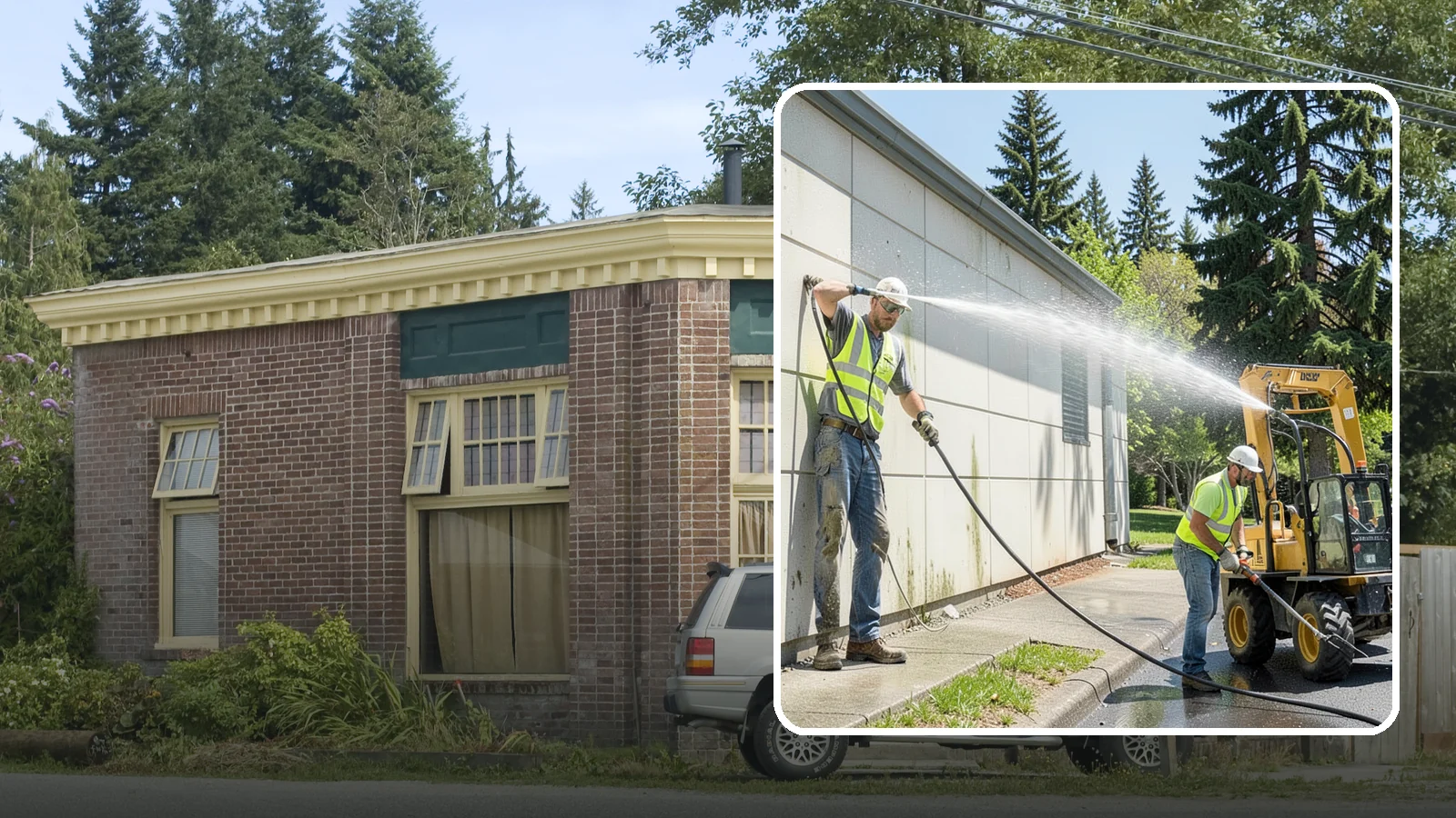 Building Washing in Hamilton, Skagit County, WA - Exterior washing that removes mildew, algae, and grime from public building facades.