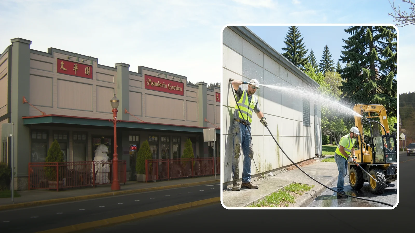 Building Washing in Issaquah, King County, WA - Exterior washing that removes mildew, algae, and grime from public building facades.