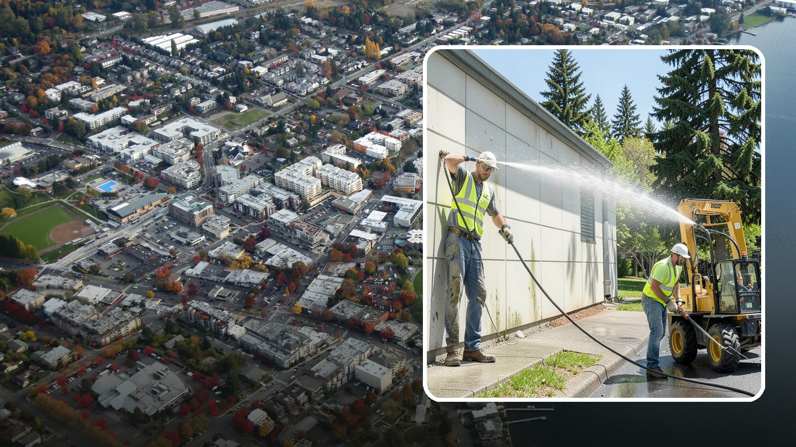 Building Washing in Kirkland, King County, WA - Exterior washing that removes mildew, algae, and grime from public building facades.