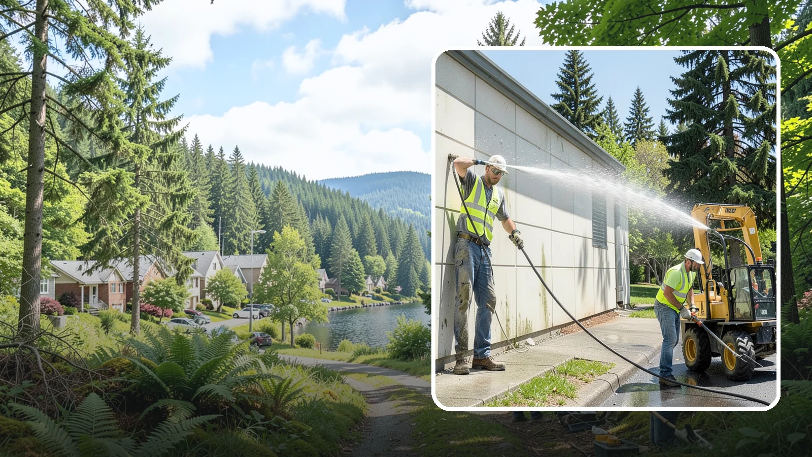 Building Washing in Lake Forest Park, King County, WA - Exterior washing that removes mildew, algae, and grime from public building facades.