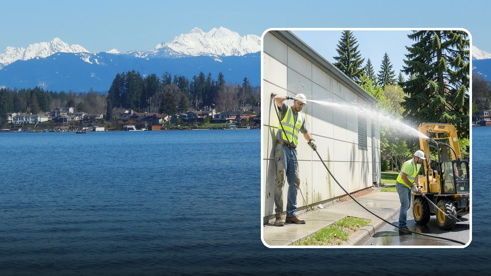 Building Washing in Lake Stevens, Snohomish County, WA - Exterior washing that removes mildew, algae, and grime from public building facades.