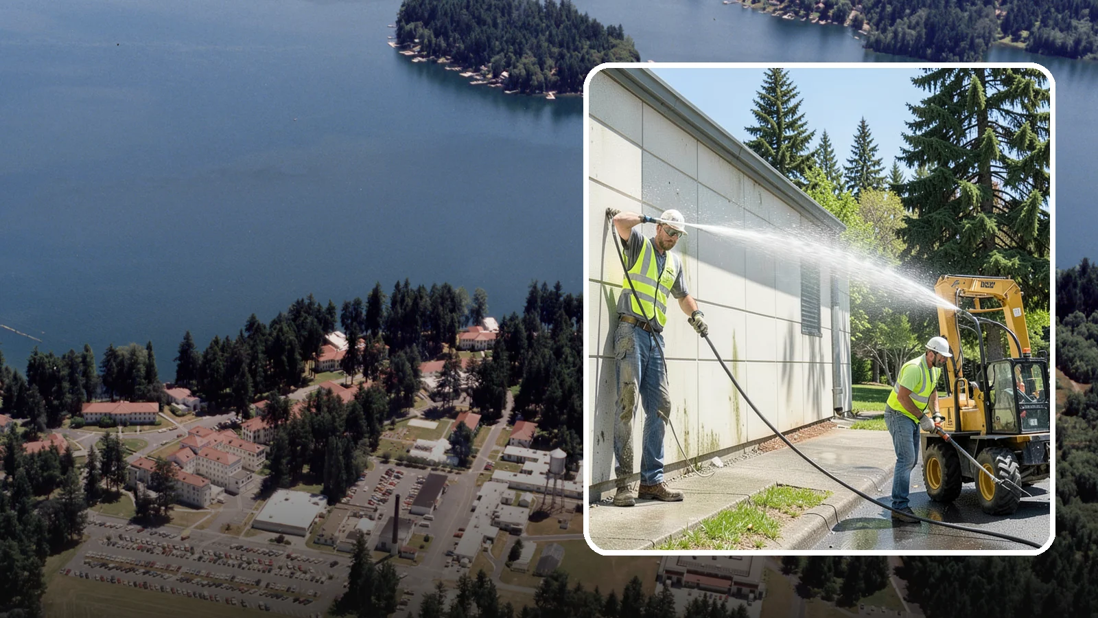 Building Washing in Lakewood, Pierce County, WA - Exterior washing that removes mildew, algae, and grime from public building facades.
