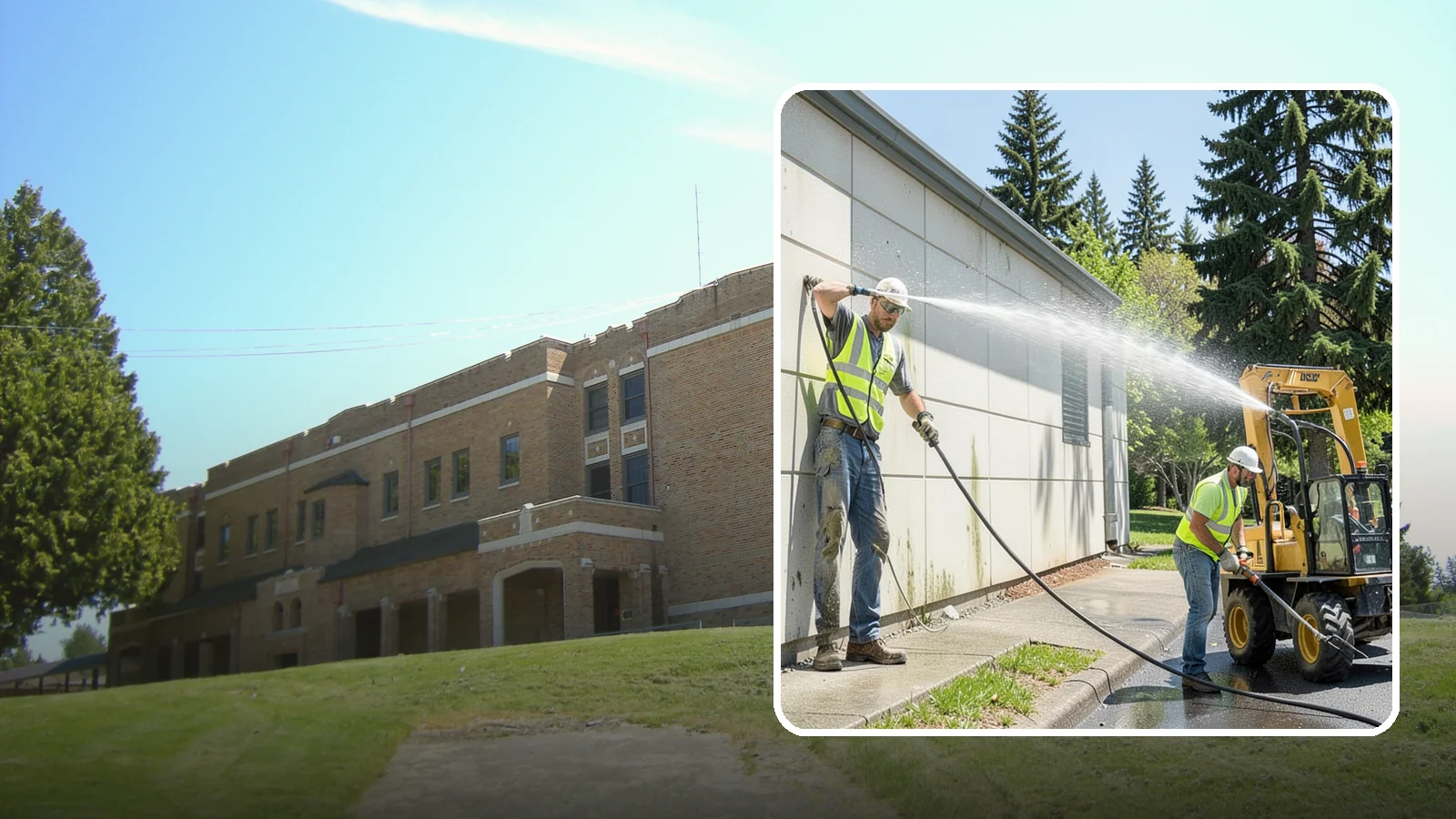 Building Washing in Maple Valley, King County, WA - Exterior washing that removes mildew, algae, and grime from public building facades.