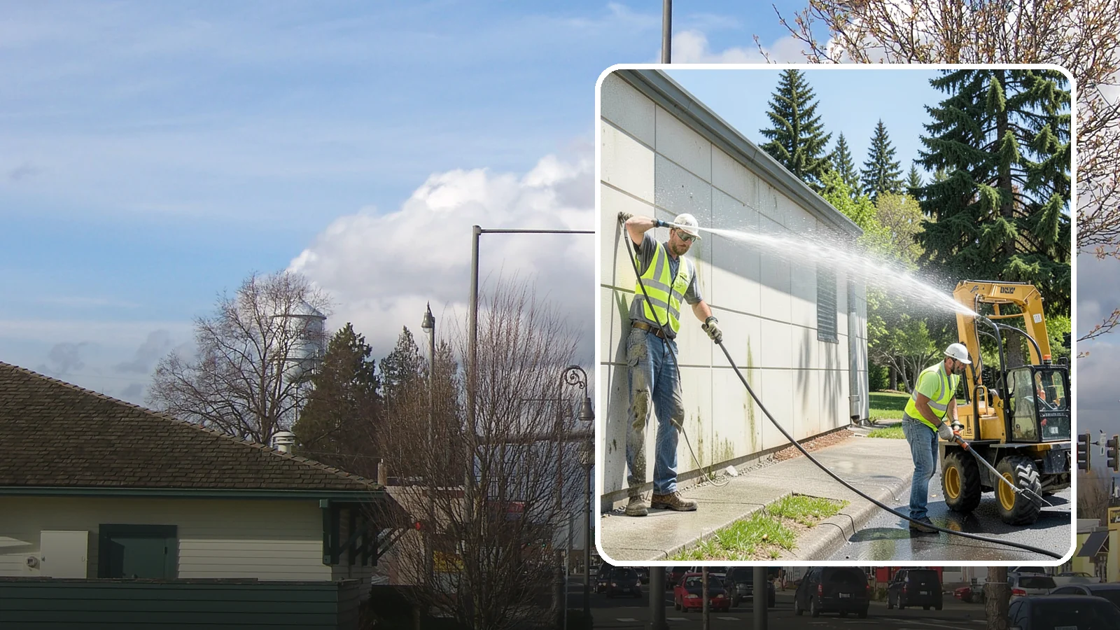 Building Washing in Marysville, Snohomish County, WA - Exterior washing that removes mildew, algae, and grime from public building facades.