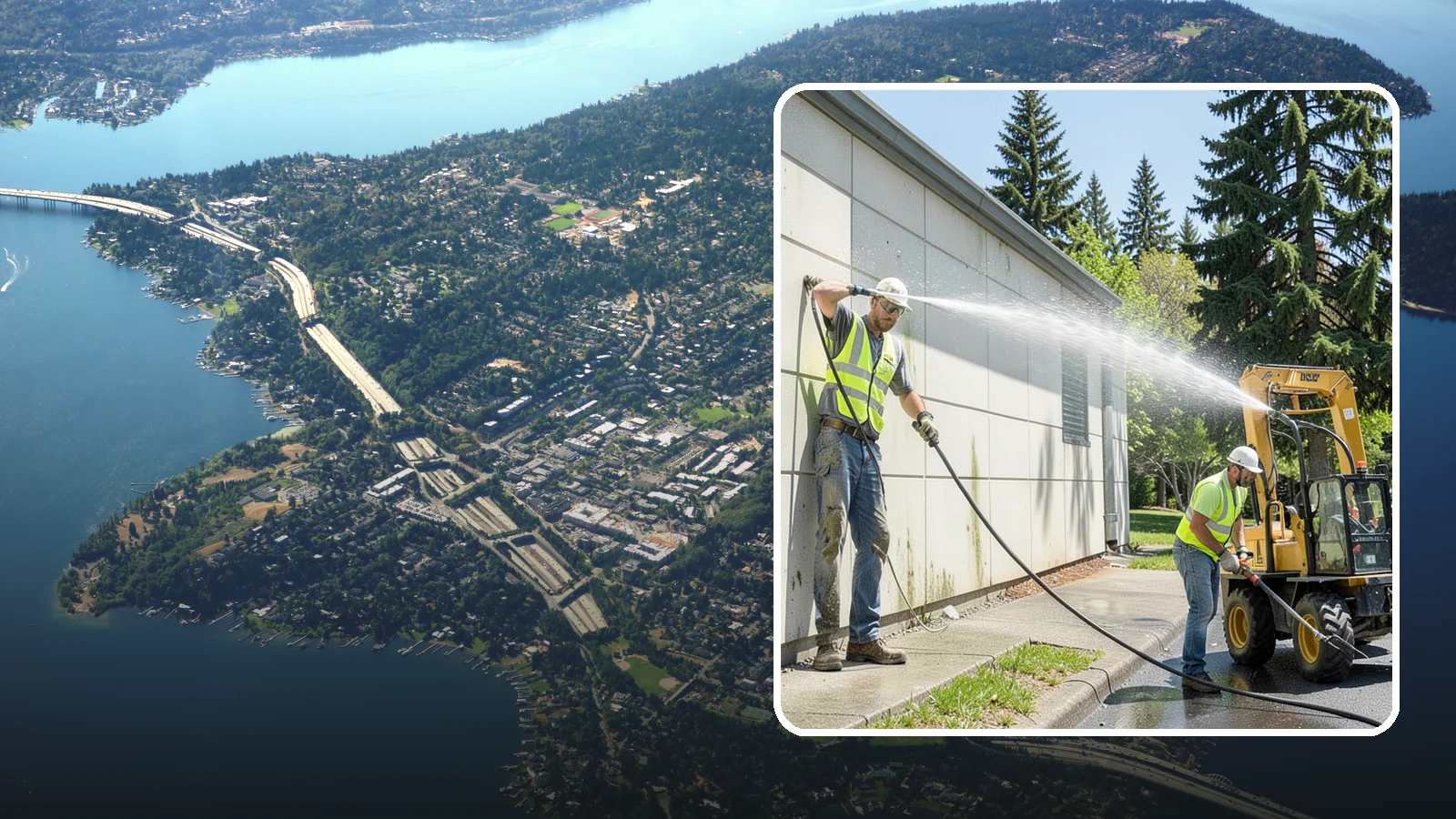 Building Washing in Mercer Island, King County, WA - Exterior washing that removes mildew, algae, and grime from public building facades.