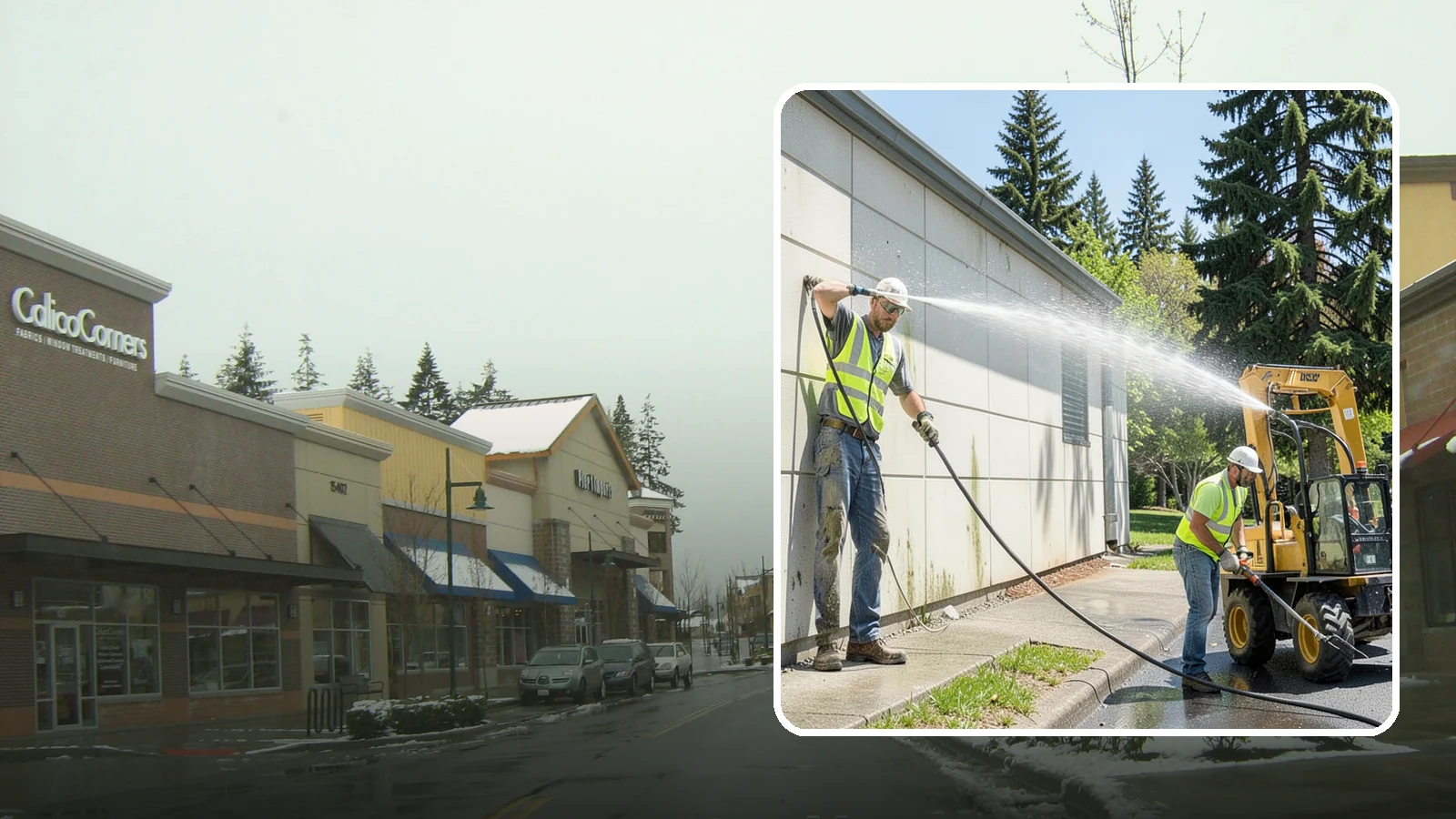 Building Washing in Mill Creek, Snohomish County, WA - Exterior washing that removes mildew, algae, and grime from public building facades.