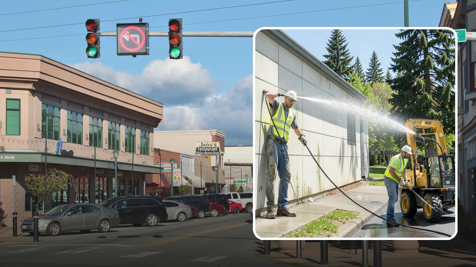 Building Washing in Monroe, Snohomish County, WA - Exterior washing that removes mildew, algae, and grime from public building facades.