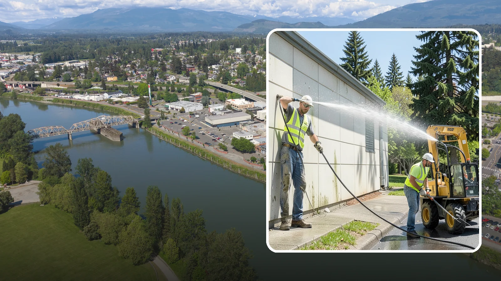 Building Washing in Mount Vernon, Skagit County, WA - Exterior washing that removes mildew, algae, and grime from public building facades.