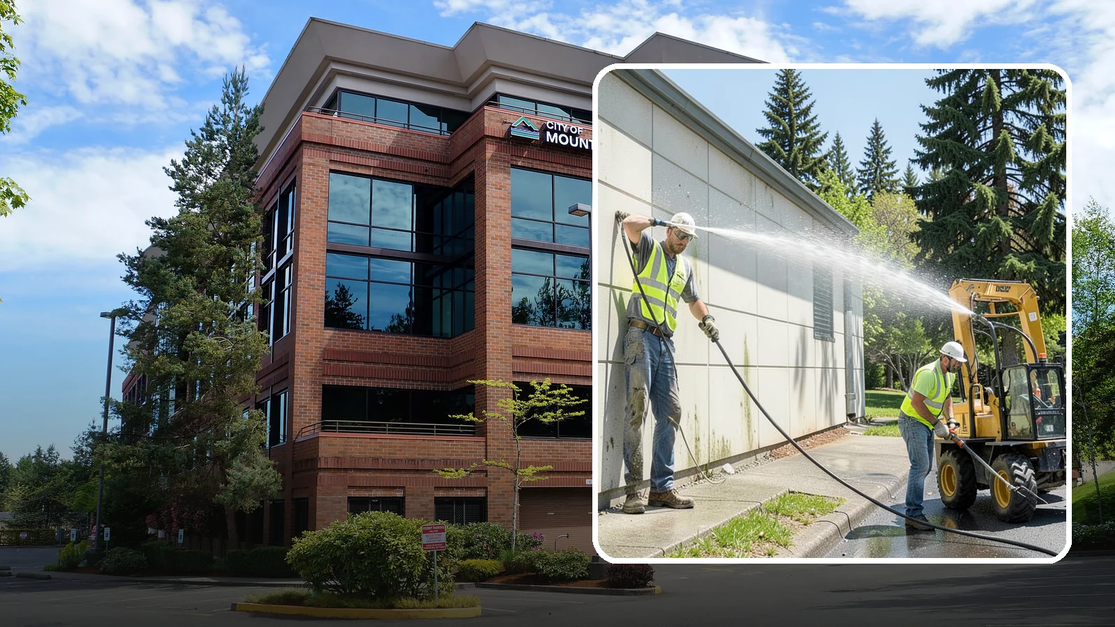 Building Washing in Mountlake Terrace, Snohomish County, WA - Exterior washing that removes mildew, algae, and grime from public building facades.