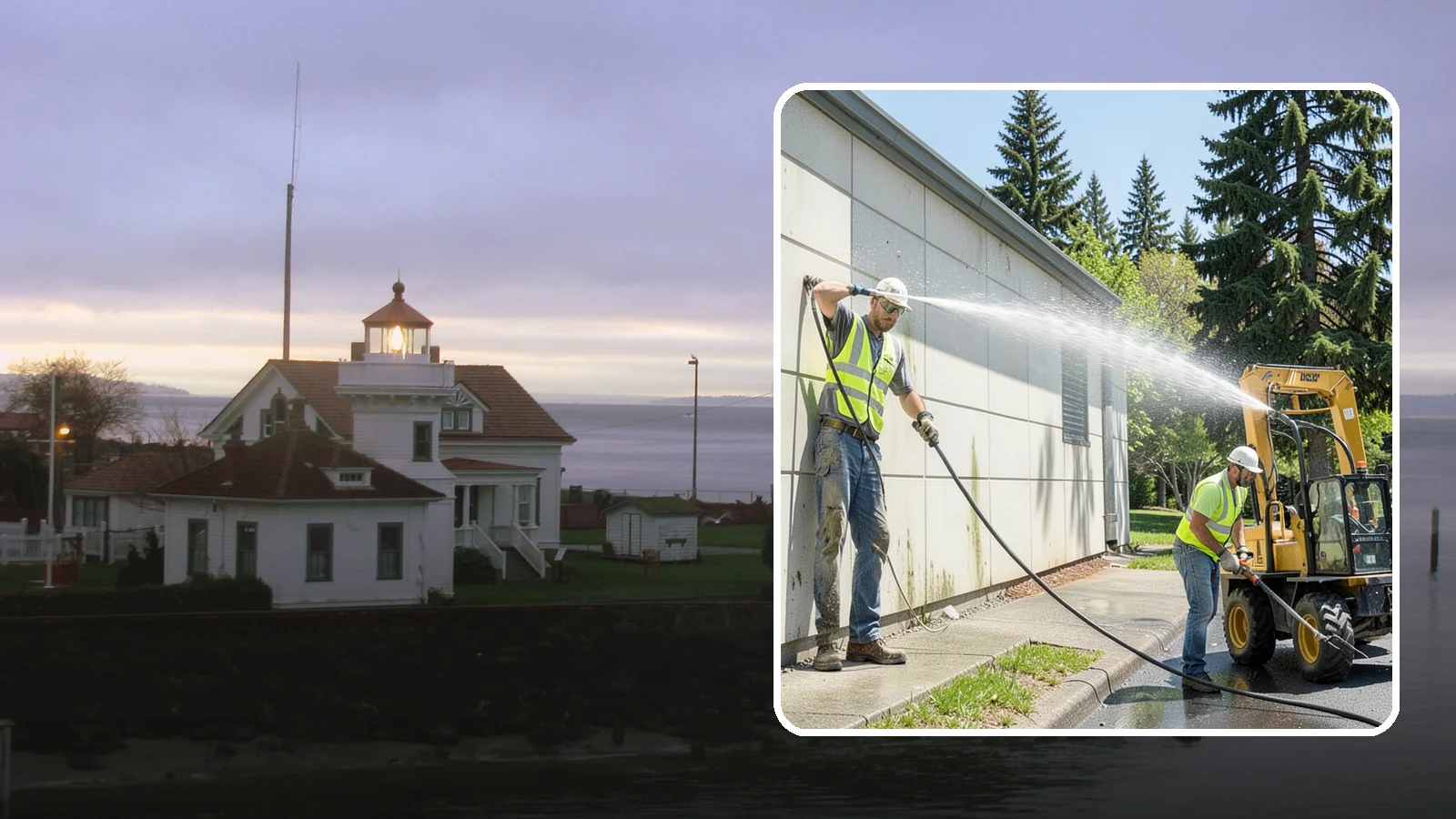 Building Washing in Mukilteo, Snohomish County, WA - Exterior washing that removes mildew, algae, and grime from public building facades.
