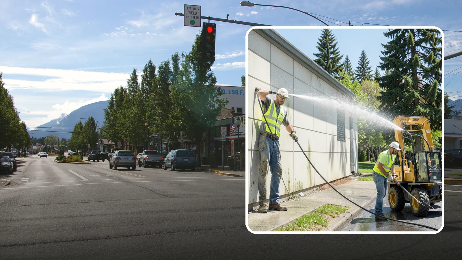 Building Washing in North Bend, King County, WA - Exterior washing that removes mildew, algae, and grime from public building facades.