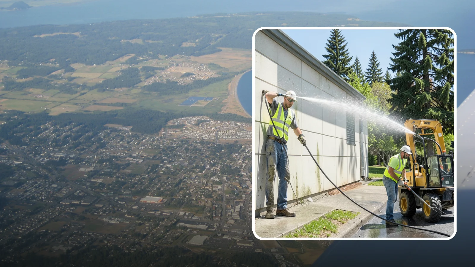 Building Washing in Oak Harbor, Island County, WA - Exterior washing that removes mildew, algae, and grime from public building facades.