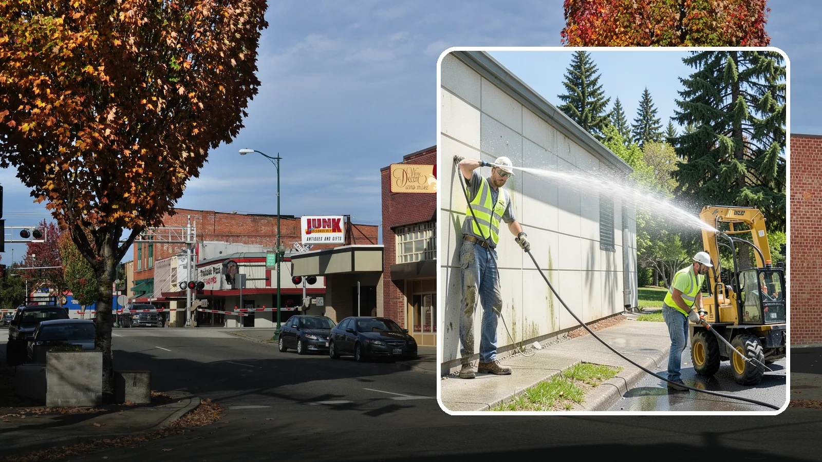 Building Washing in Puyallup, Pierce County, WA - Exterior washing that removes mildew, algae, and grime from public building facades.