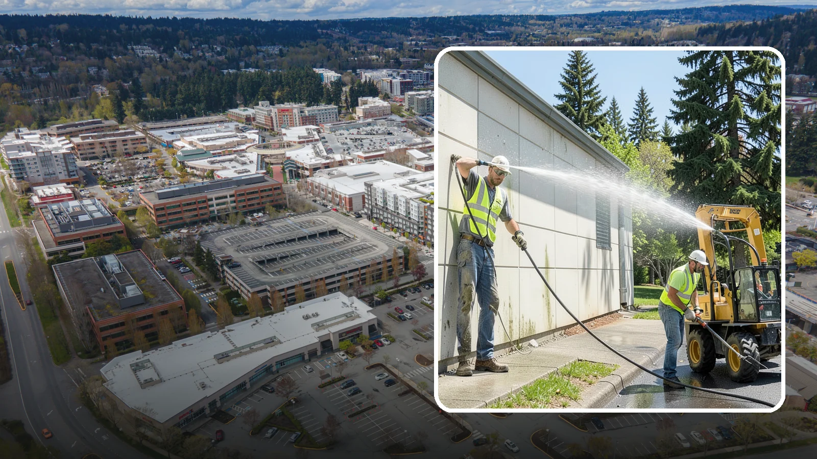 Building Washing in Redmond, King County, WA - Exterior washing that removes mildew, algae, and grime from public building facades.