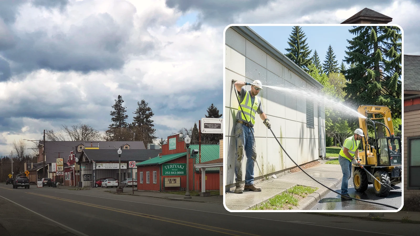 Building Washing in Roy, Pierce County, WA - Exterior washing that removes mildew, algae, and grime from public building facades.