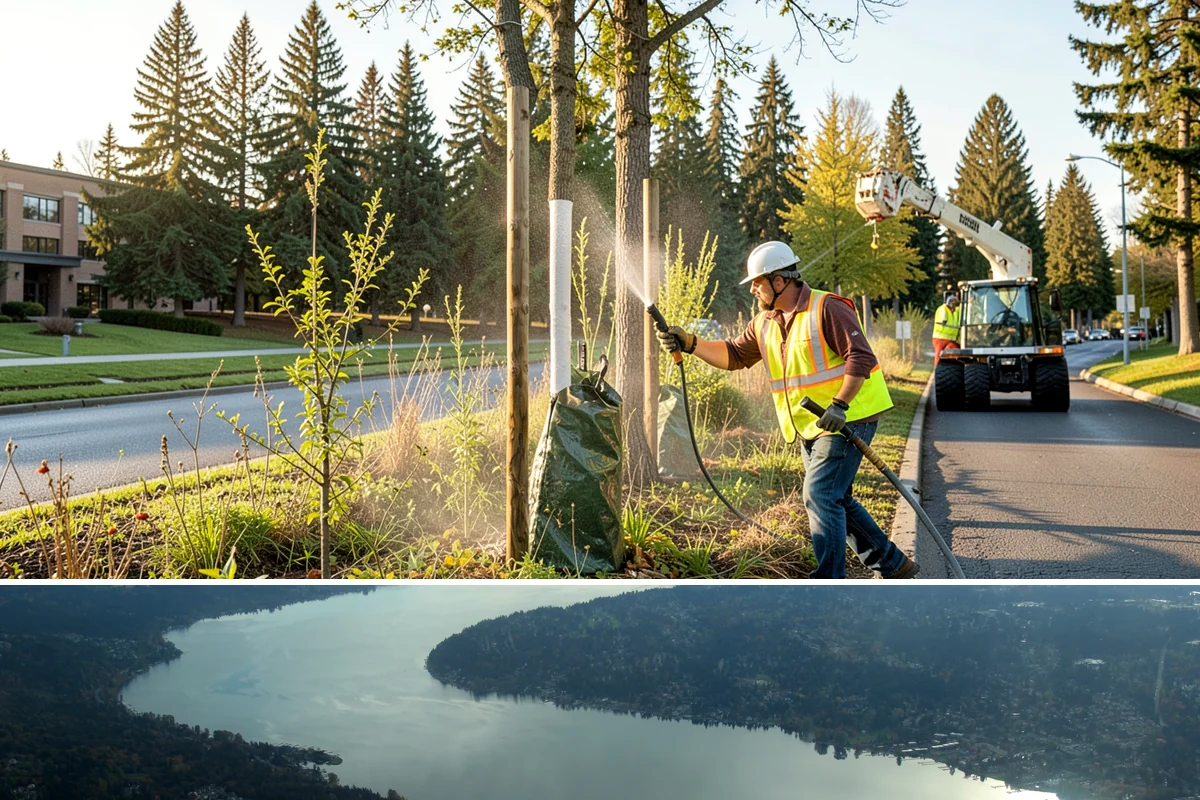 Building Washing in Sammamish, King County, WA - Building washing is most effective in spring and summer when surfaces dry well and mildew growth peaks.