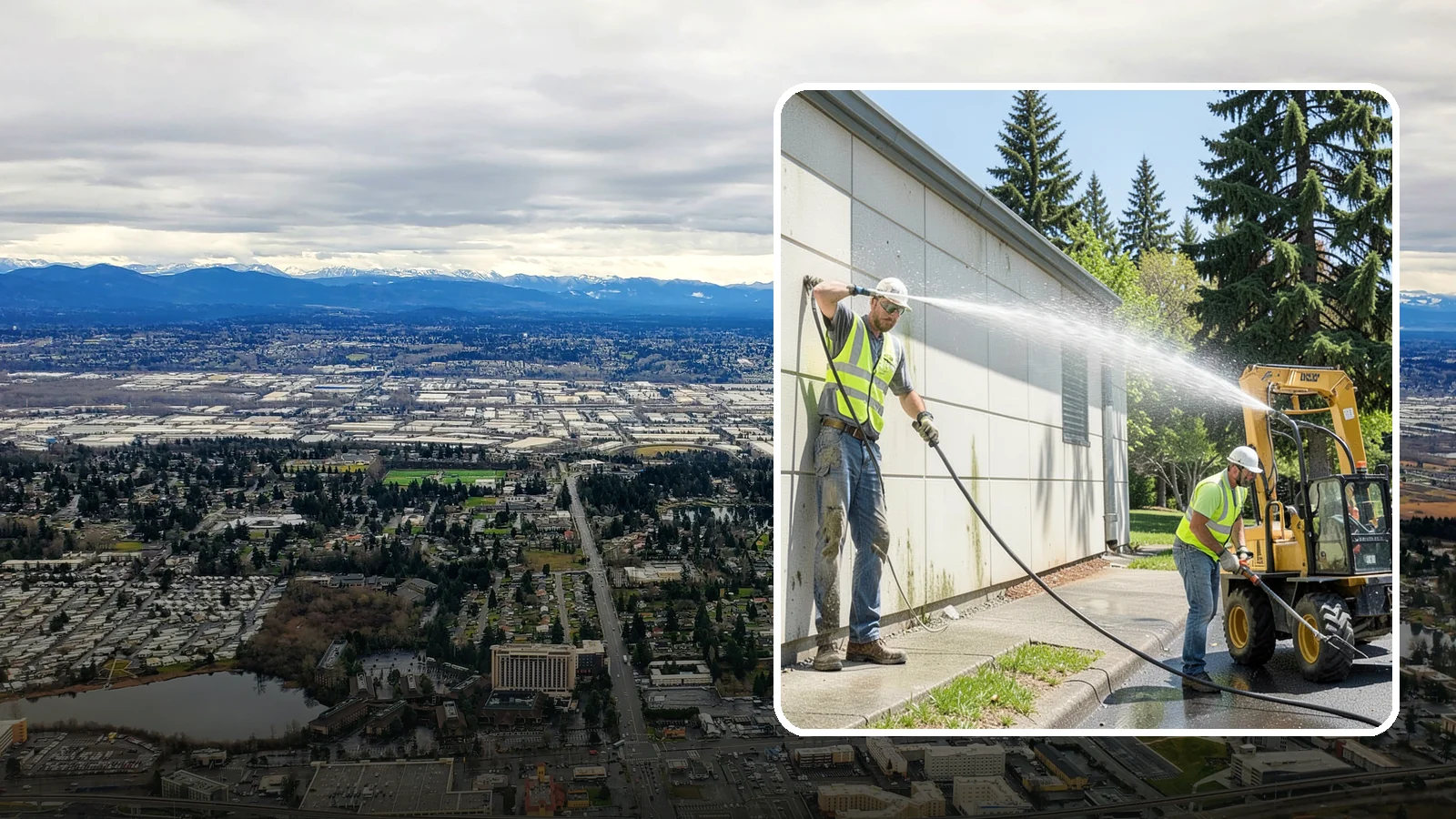 Building Washing in SeaTac, King County, WA - Exterior washing that removes mildew, algae, and grime from public building facades.