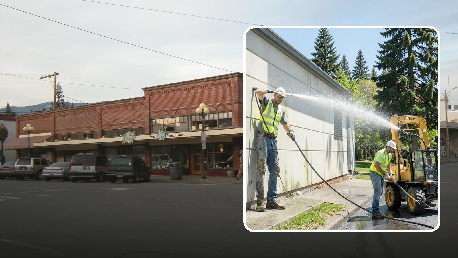 Building Washing in Sedro-Woolley, Skagit County, WA - Exterior washing that removes mildew, algae, and grime from public building facades.