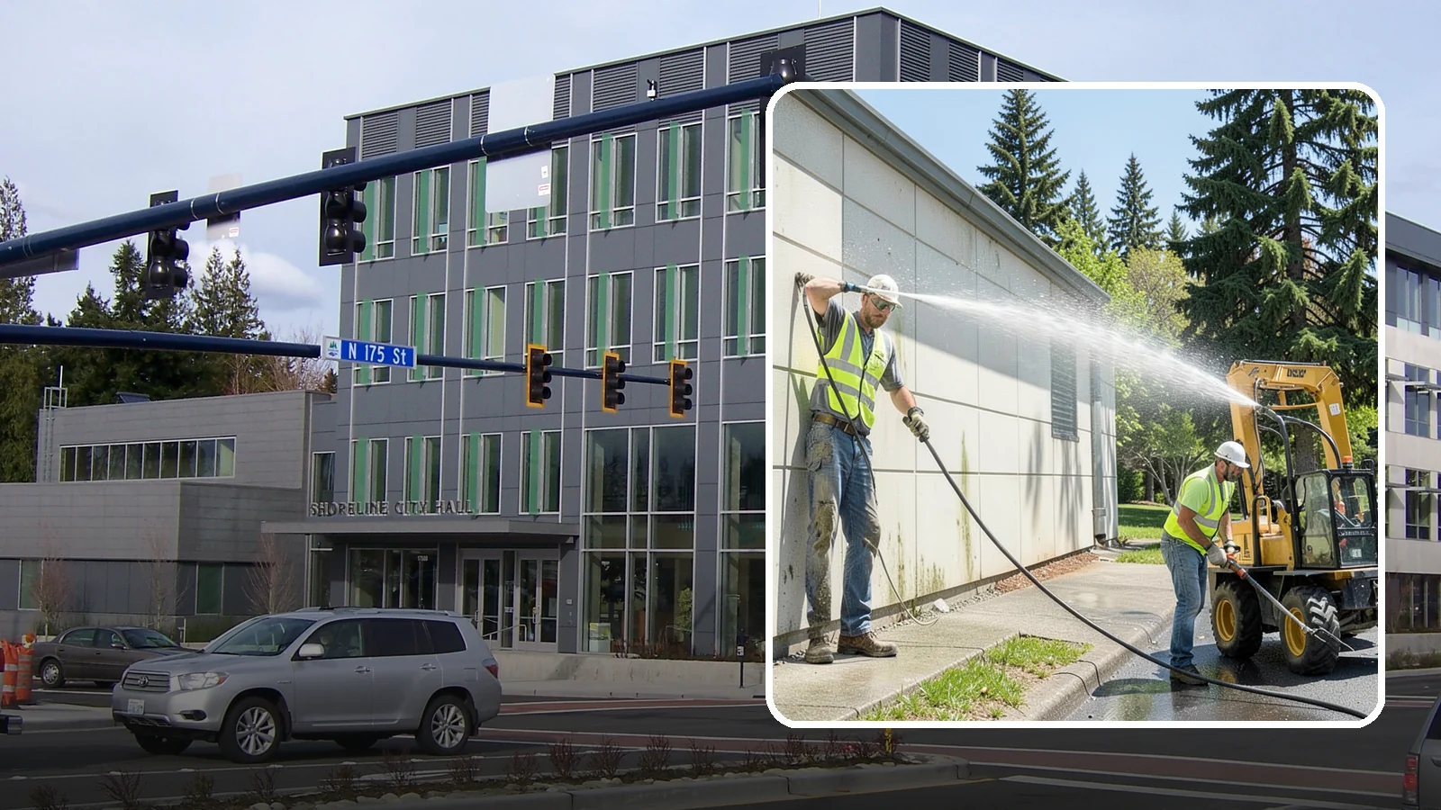 Building Washing in Shoreline, King County, WA - Exterior washing that removes mildew, algae, and grime from public building facades.