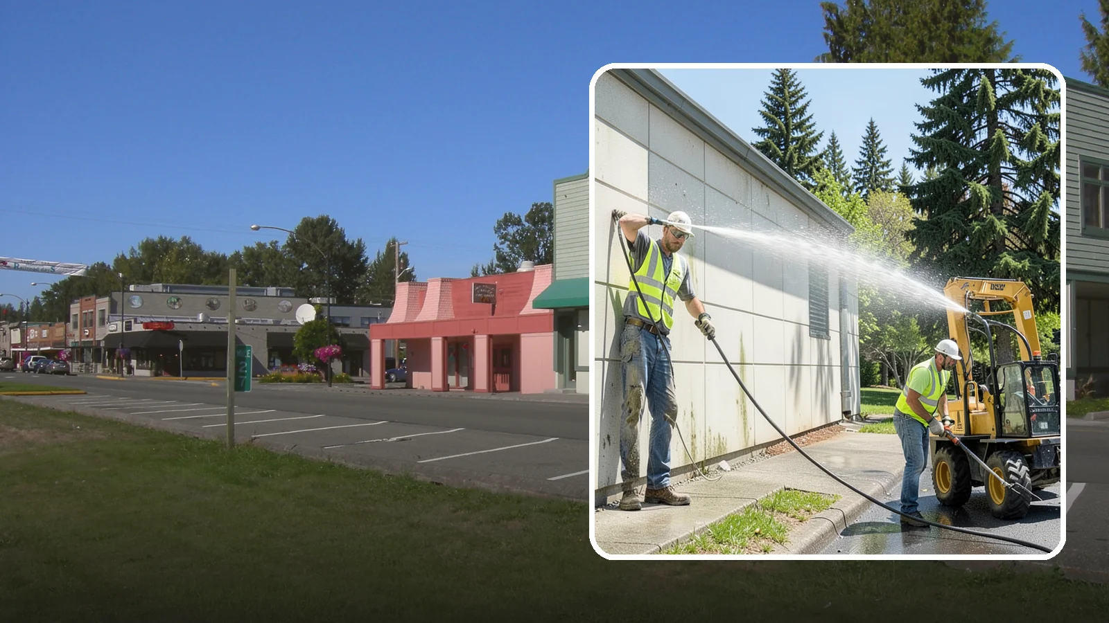 Building Washing in Snoqualmie, King County, WA - Exterior washing that removes mildew, algae, and grime from public building facades.