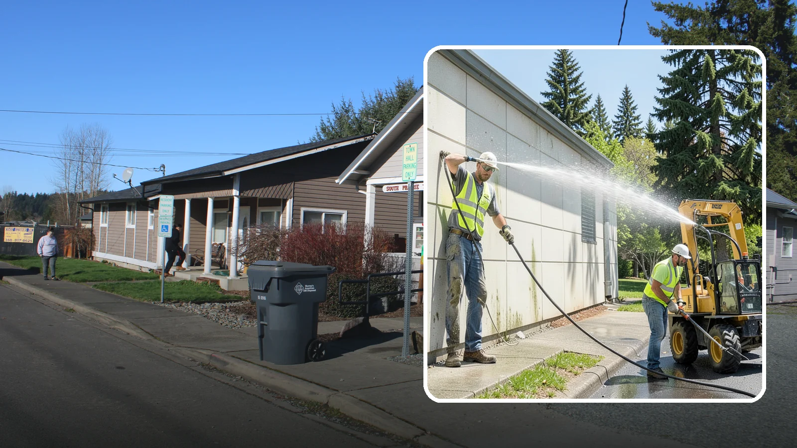 Building Washing in South Prairie, Pierce County, WA - Exterior washing that removes mildew, algae, and grime from public building facades.