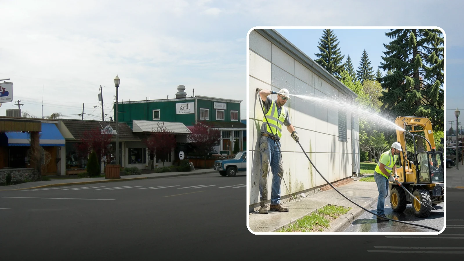 Building Washing in Stanwood, Snohomish County, WA - Exterior washing that removes mildew, algae, and grime from public building facades.
