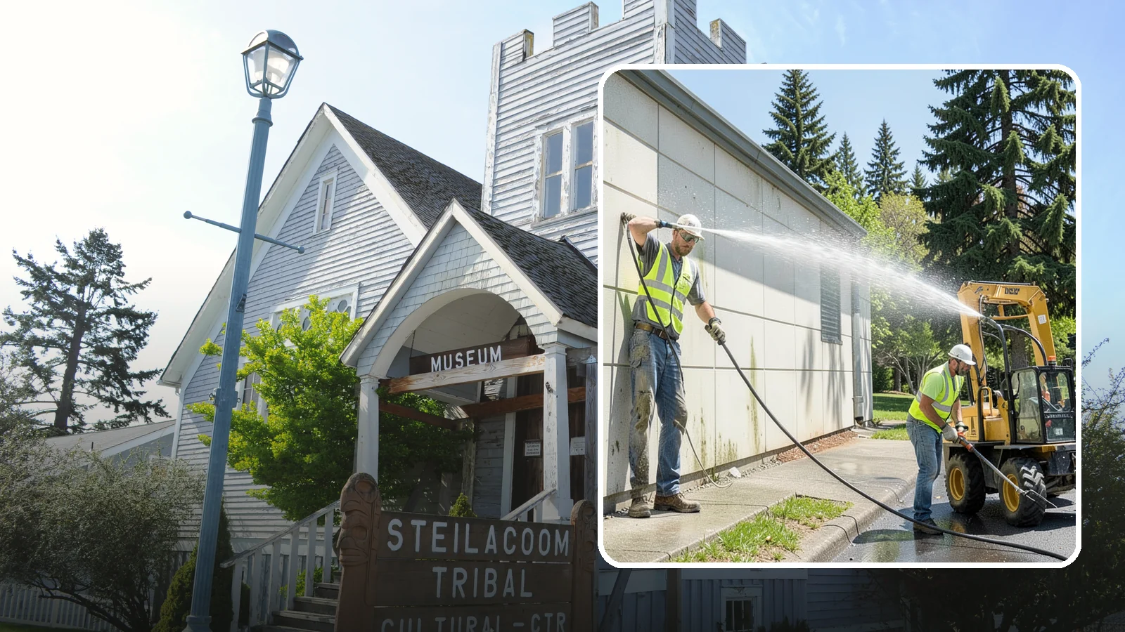 Building Washing in Steilacoom, Pierce County, WA - Exterior washing that removes mildew, algae, and grime from public building facades.