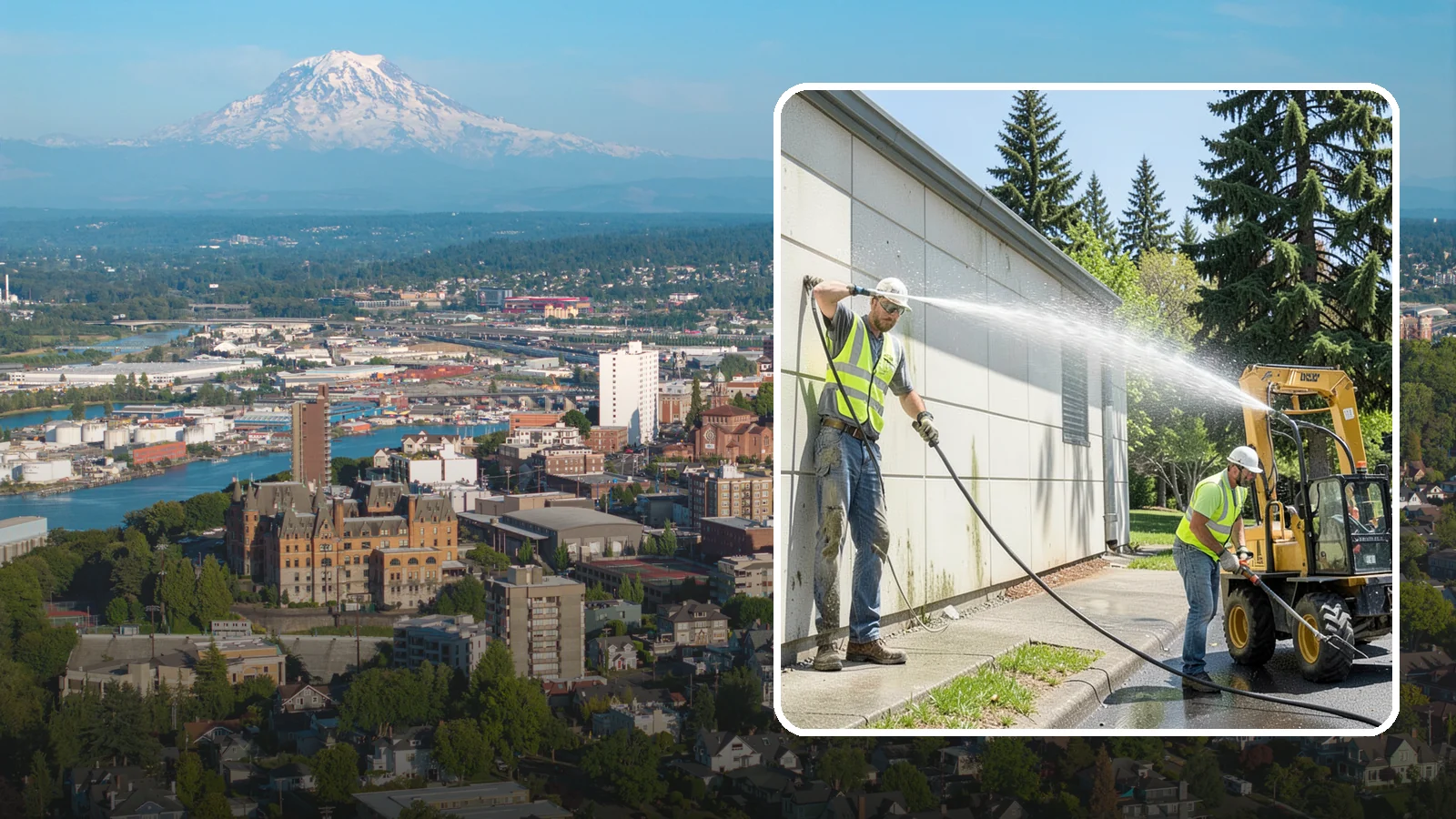 Building Washing in Tacoma, Pierce County, WA - Exterior washing that removes mildew, algae, and grime from public building facades.