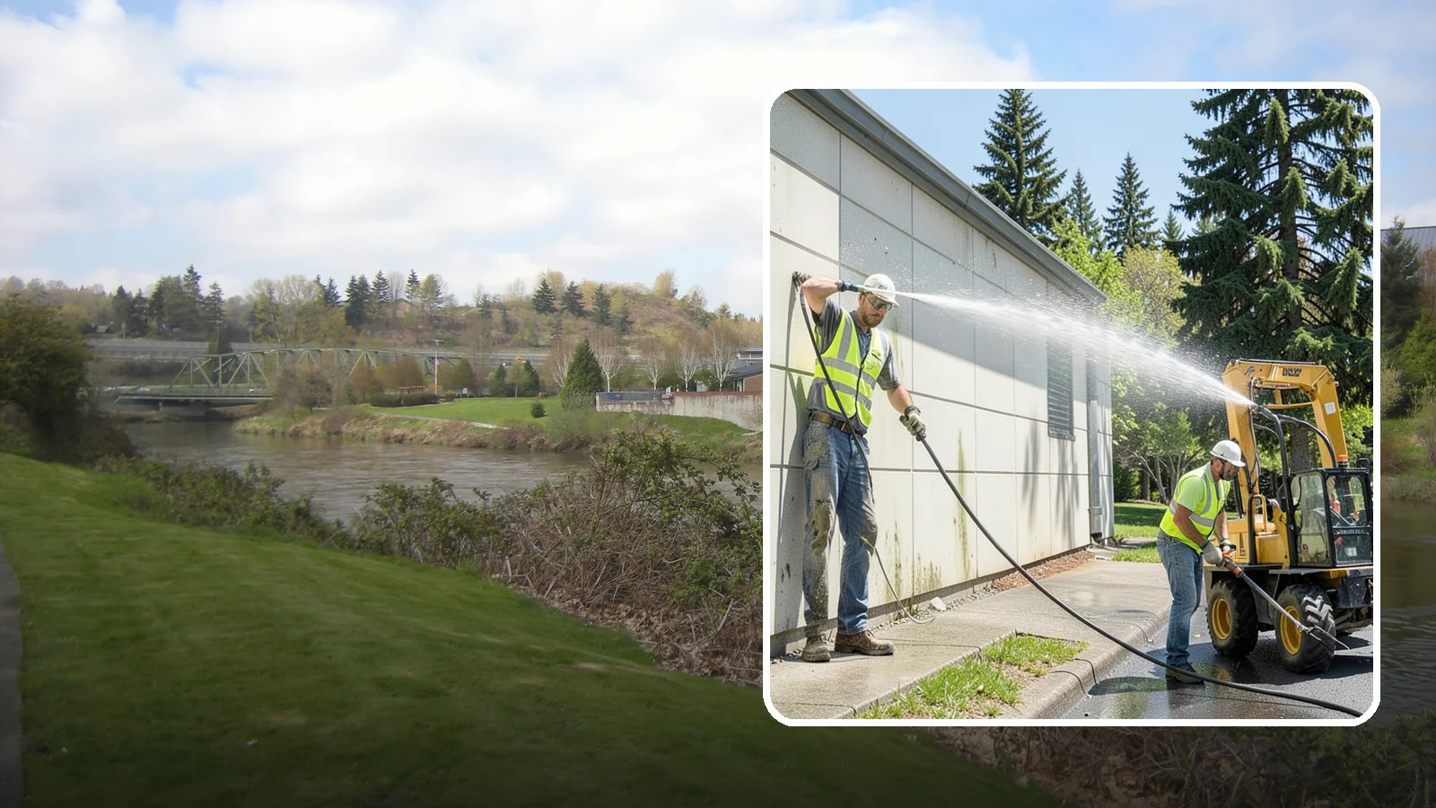 Building Washing in Tukwila, King County, WA - Exterior washing that removes mildew, algae, and grime from public building facades.