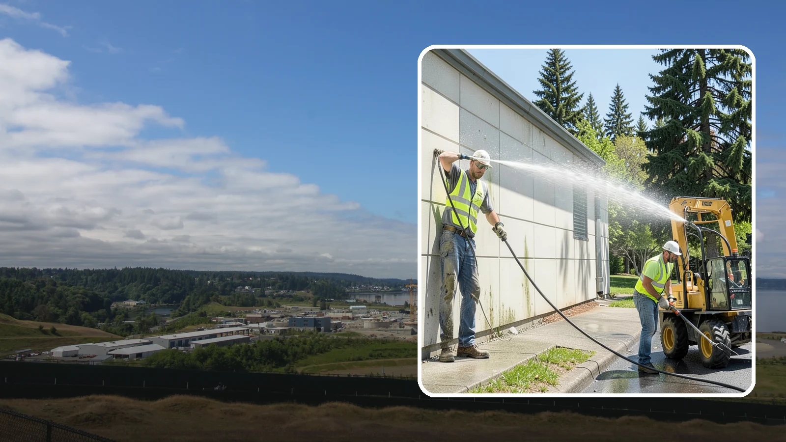 Building Washing in University Place, Pierce County, WA - Exterior washing that removes mildew, algae, and grime from public building facades.