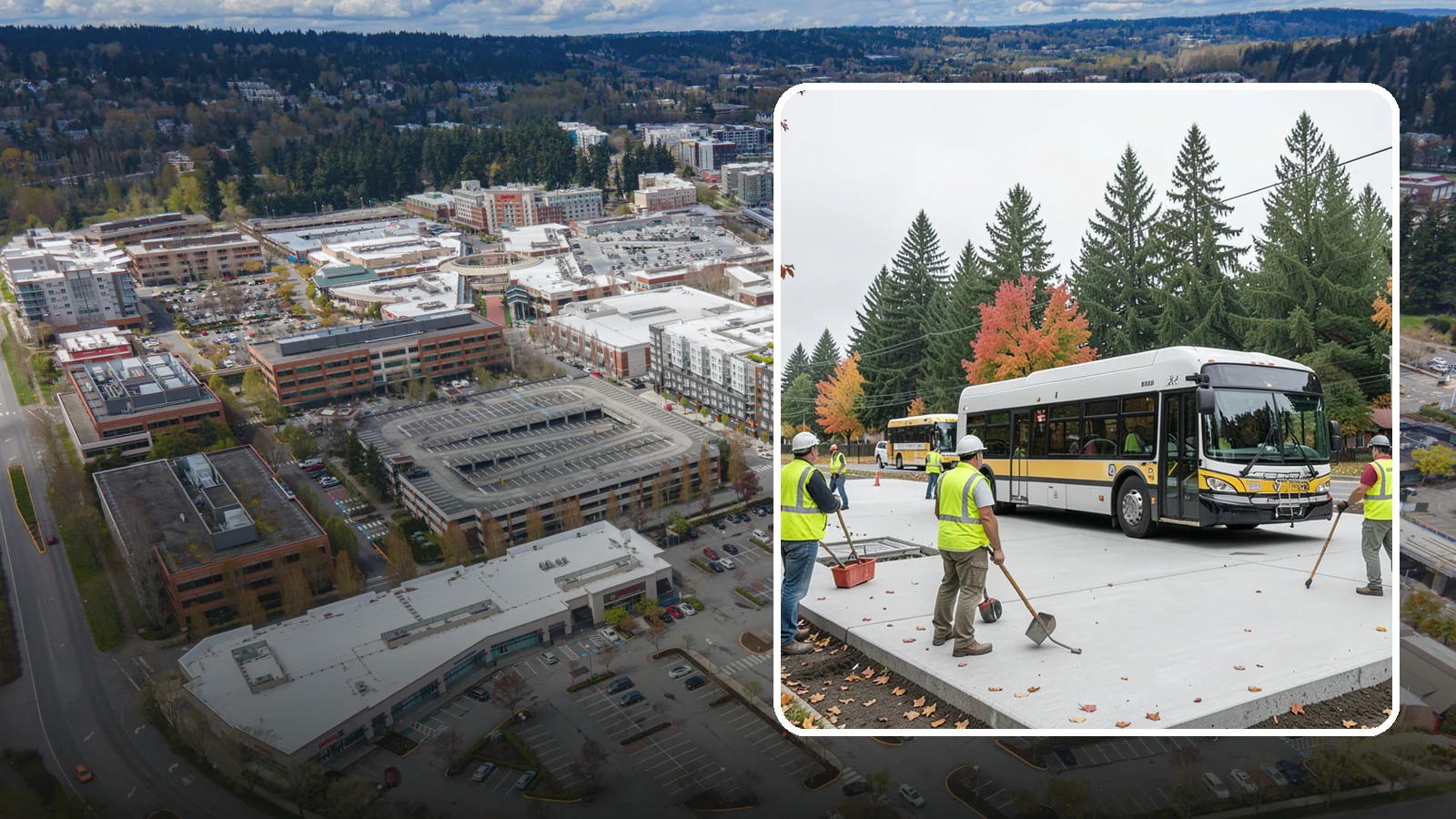 Bus Pad Construction in Redmond, King County, WA - Heavy-duty concrete bus pads that replace rutted asphalt at transit stops and layover zones.
