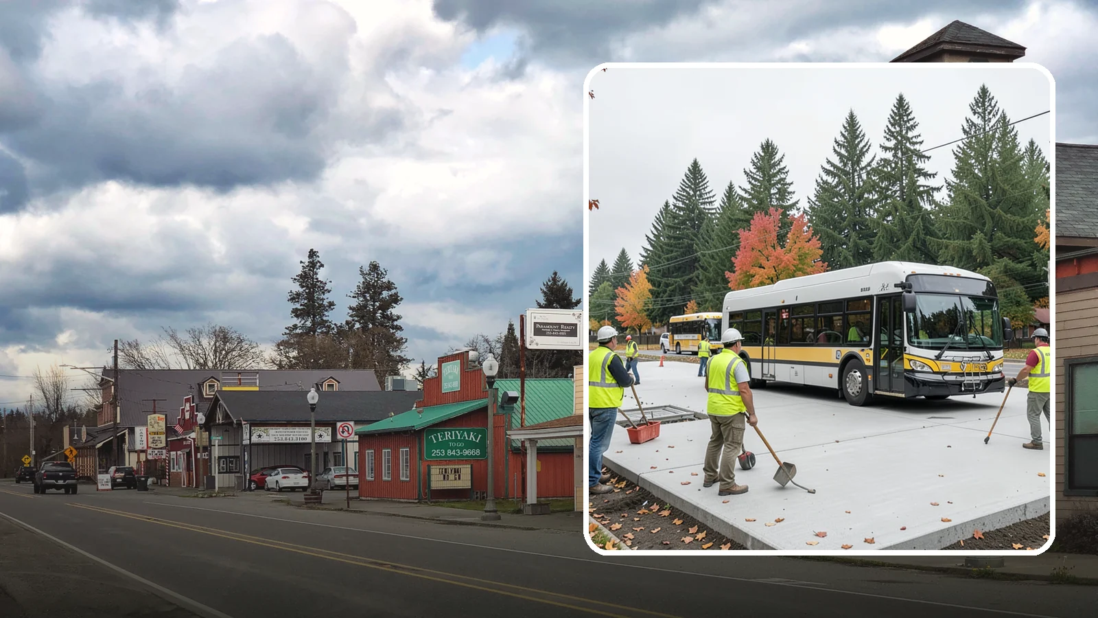 Bus Pad Construction in Roy, Pierce County, WA - Heavy-duty concrete bus pads that replace rutted asphalt at transit stops and layover zones.