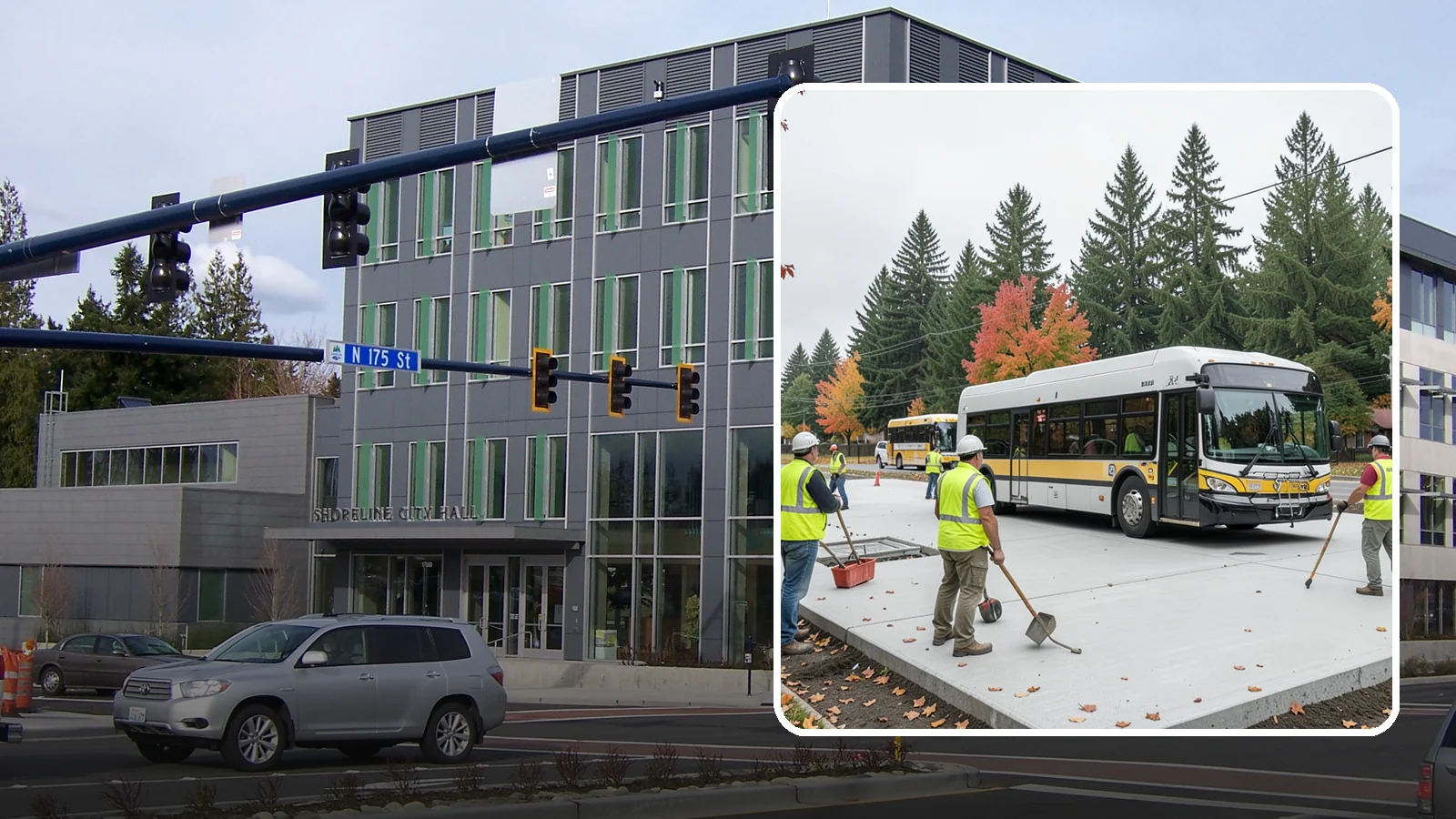 Bus Pad Construction in Shoreline, King County, WA - Heavy-duty concrete bus pads that replace rutted asphalt at transit stops and layover zones.