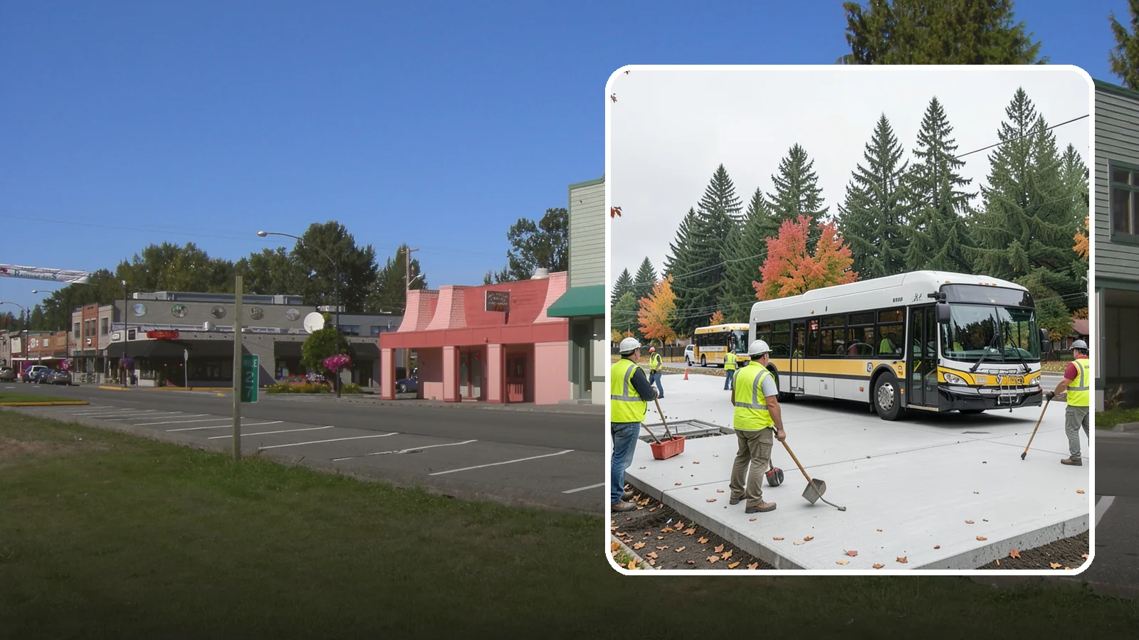 Bus Pad Construction in Snoqualmie, King County, WA - Heavy-duty concrete bus pads that replace rutted asphalt at transit stops and layover zones.
