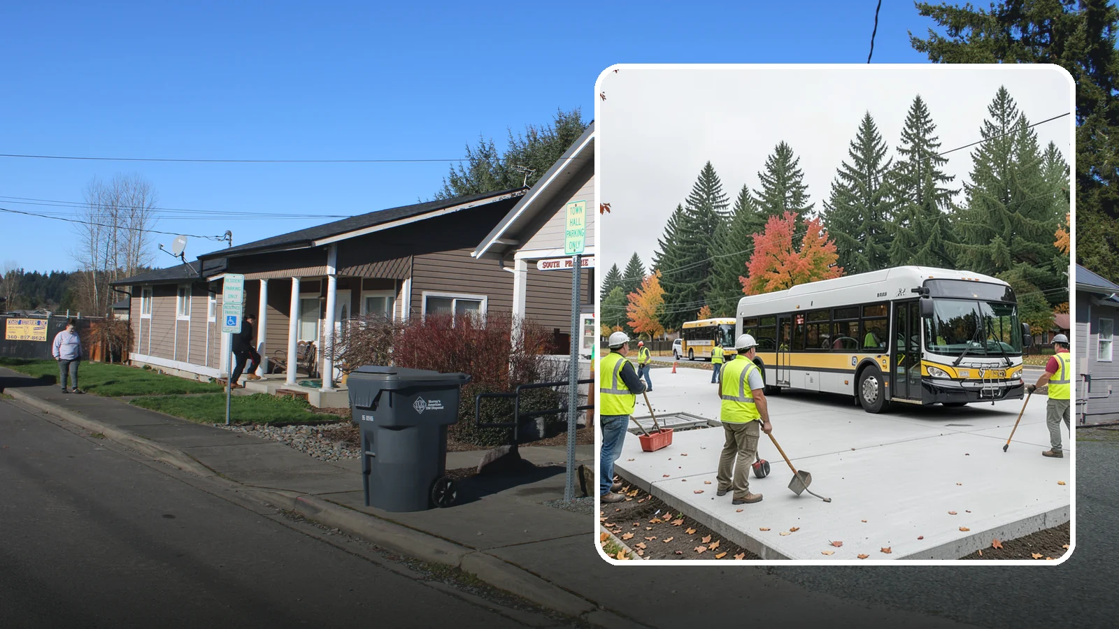 Bus Pad Construction in South Prairie, Pierce County, WA - Heavy-duty concrete bus pads that replace rutted asphalt at transit stops and layover zones.