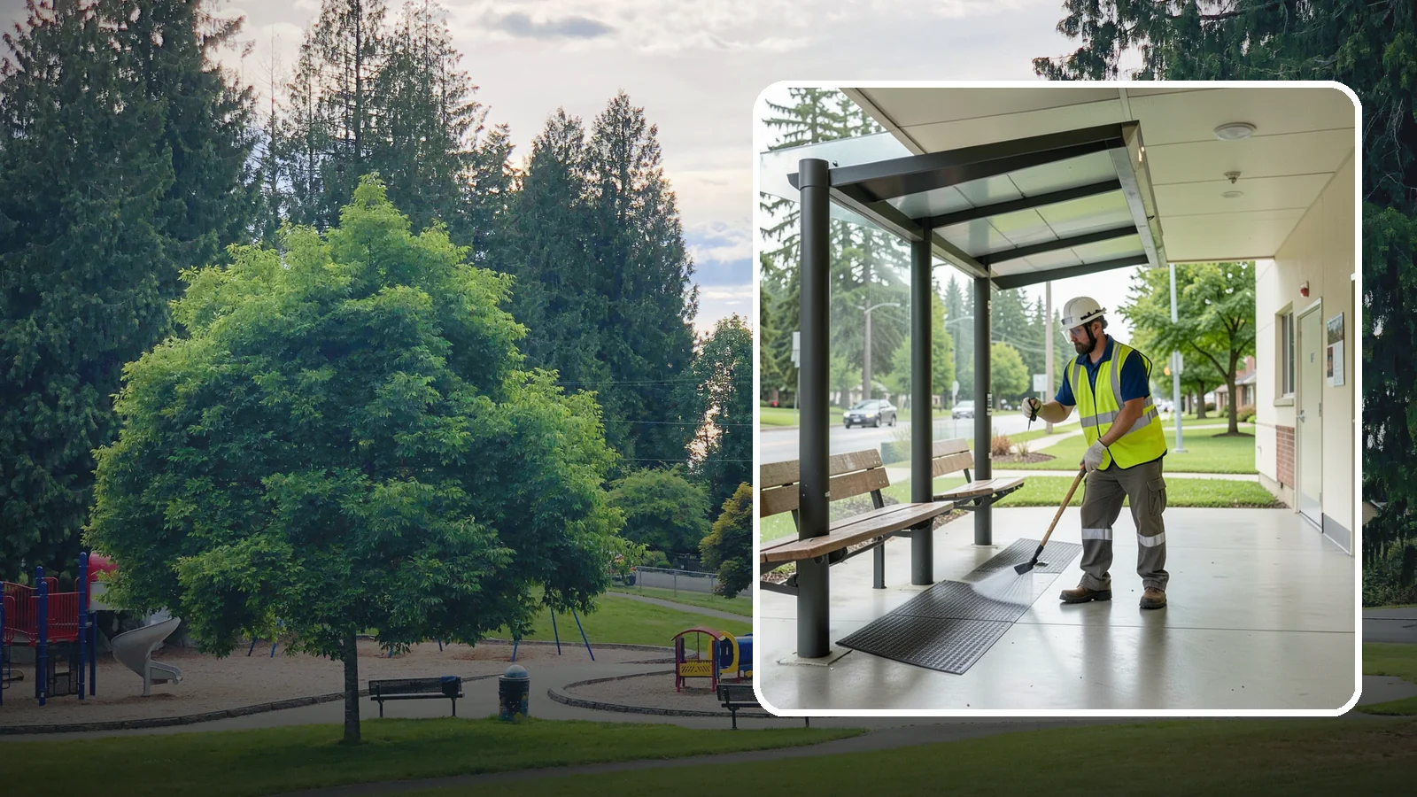 Bus Stop Cleaning in Bonney Lake, Pierce County, WA - Keep bus stops, benches, and boarding pads clean and sanitary for daily transit riders.