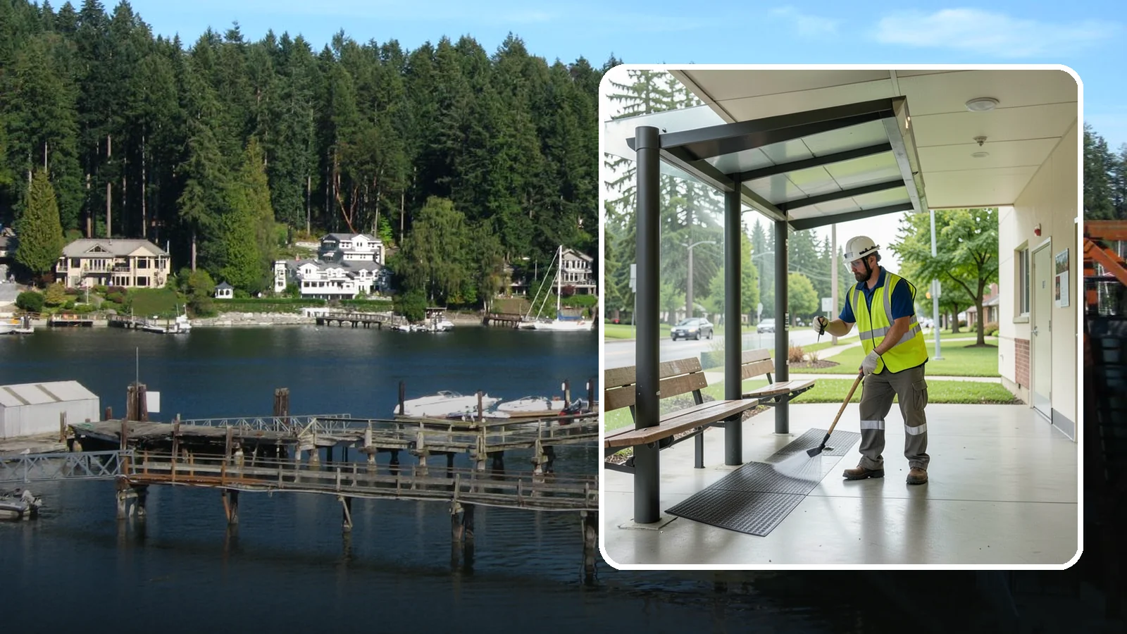 Bus Stop Cleaning in Gig Harbor, Pierce County, WA - Keep bus stops, benches, and boarding pads clean and sanitary for daily transit riders.