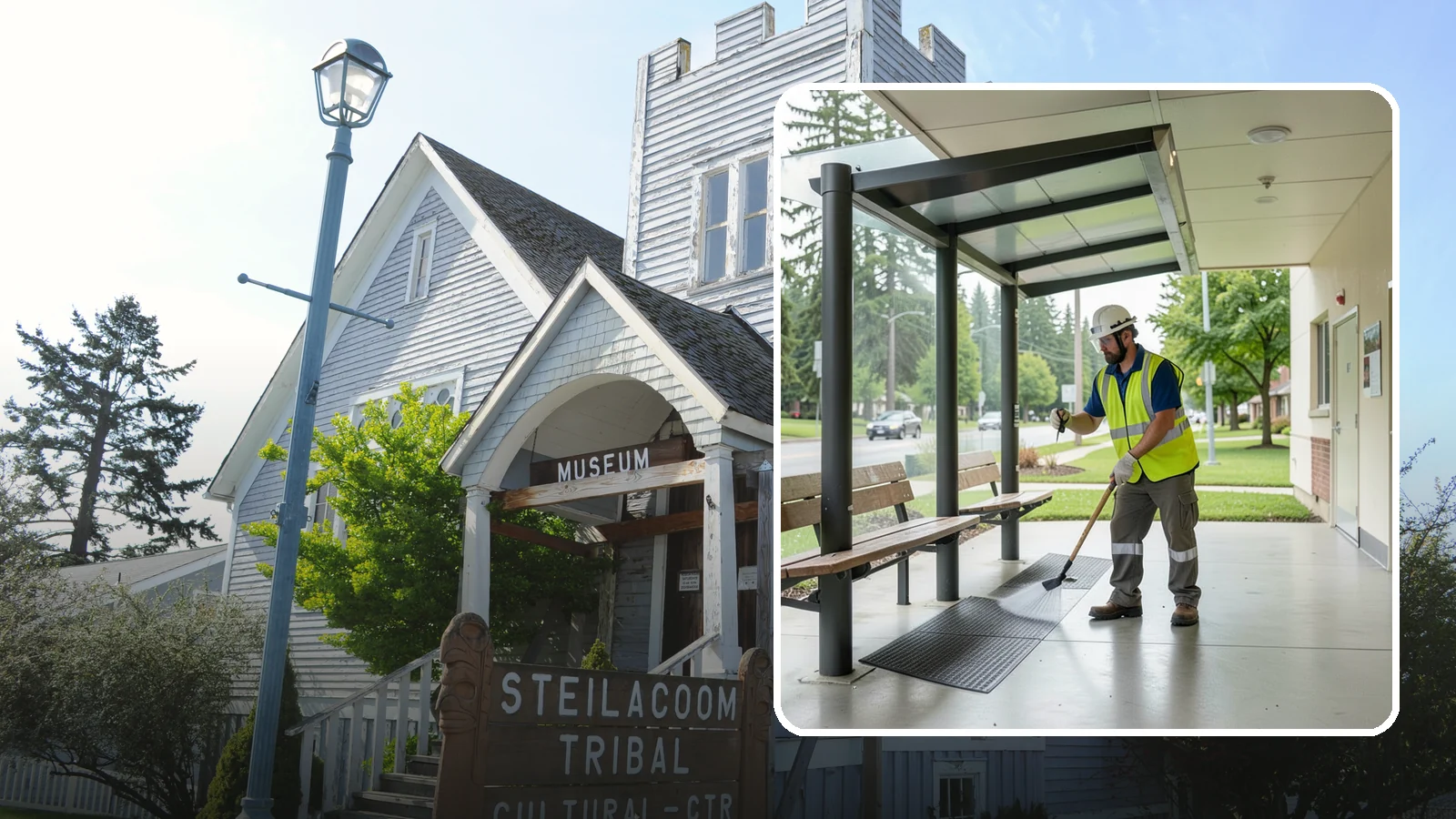 Bus Stop Cleaning in Steilacoom, Pierce County, WA - Keep bus stops, benches, and boarding pads clean and sanitary for daily transit riders.