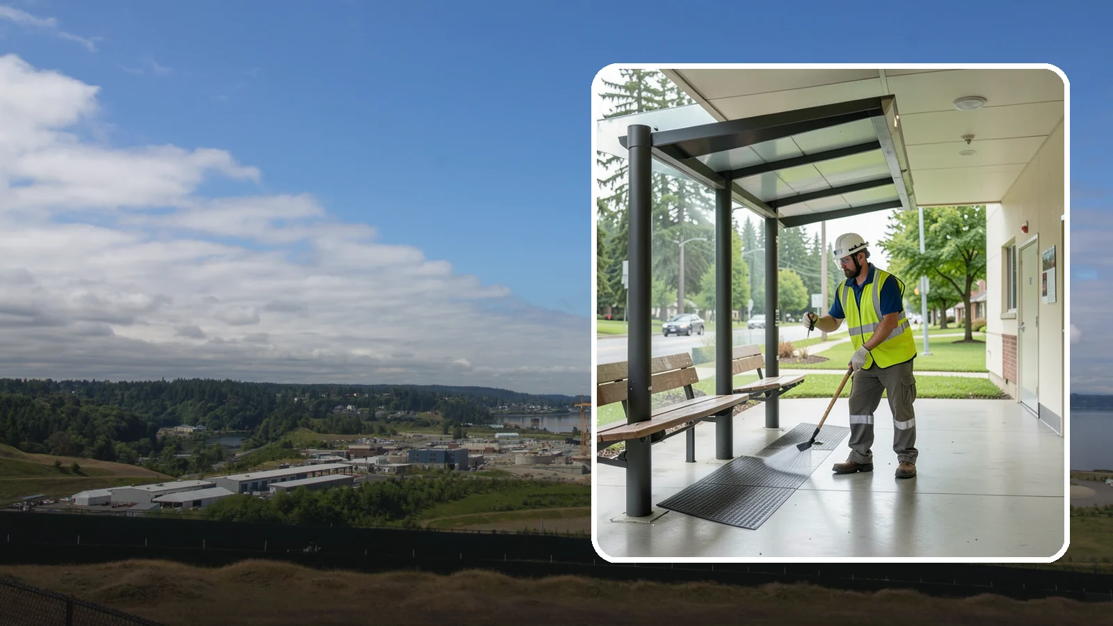 Bus Stop Cleaning in University Place, Pierce County, WA - Keep bus stops, benches, and boarding pads clean and sanitary for daily transit riders.