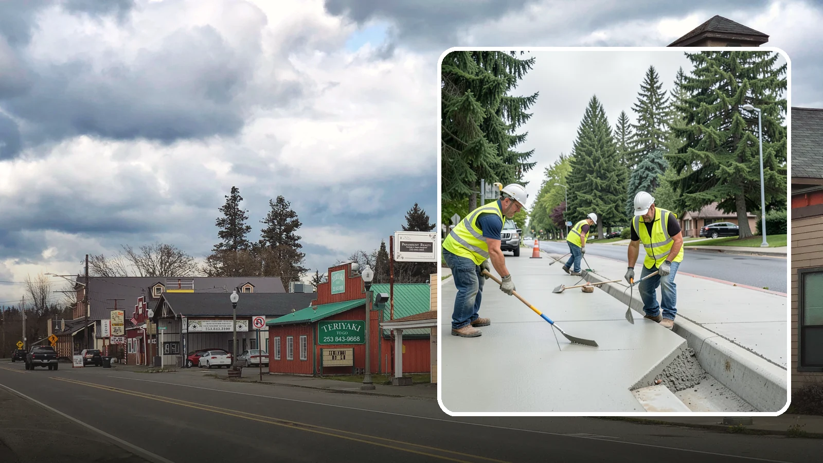 Concrete Flatwork in Roy, Pierce County, WA - Poured concrete flatwork for sidewalks, walkways, and public slabs across municipal facilities in Western Washington.