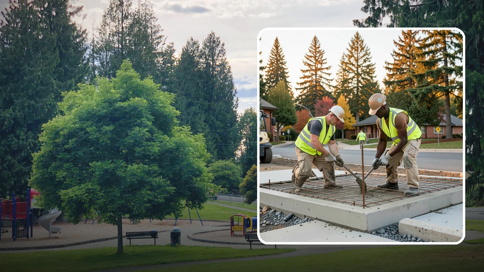 Concrete Pad Construction in Bonney Lake, Pierce County, WA - Reinforced concrete pads for equipment, generators, transformers, and site amenities at public facilities.