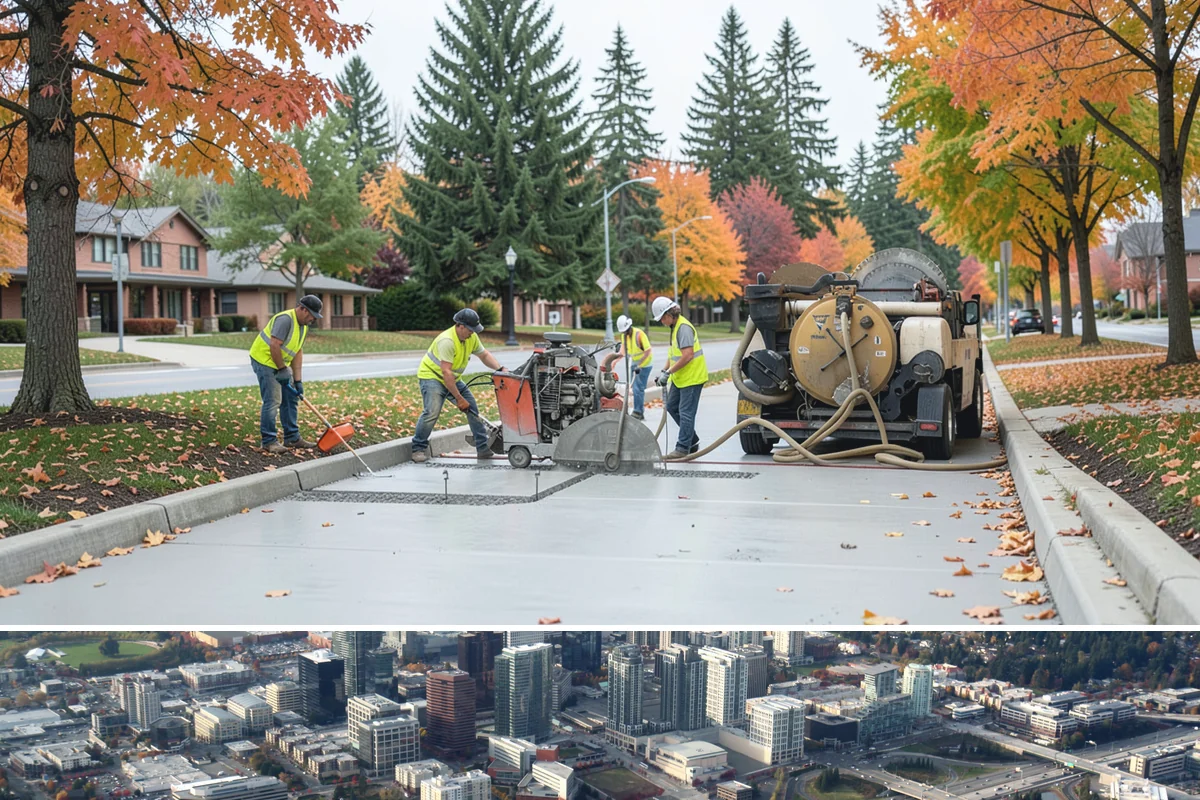 Concrete Repairs in Bellevue, King County, WA - Concrete placement favors the drier, milder season so temperature and moisture support proper curing and finish quality.