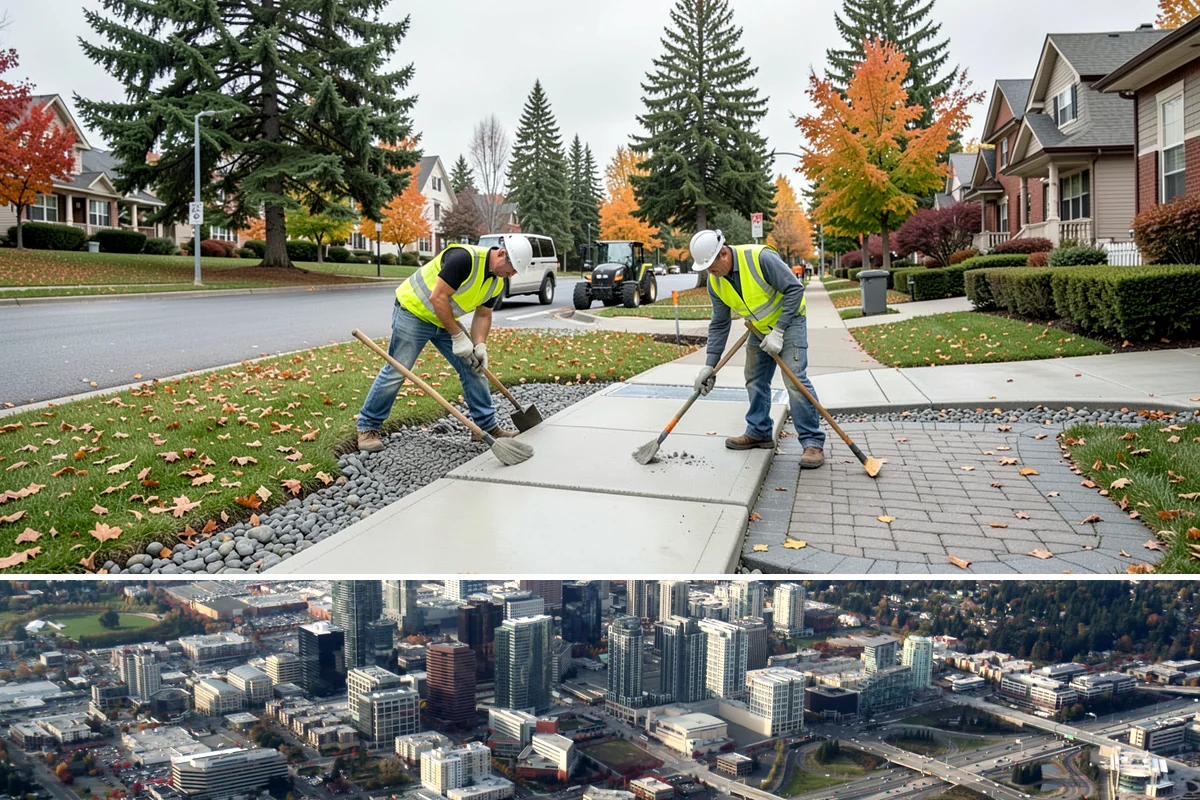 Concrete Stairs Construction in Bellevue, King County, WA - Dry-season placement is preferred so footings can be excavated in stable soil and finishes cure without rain marring.