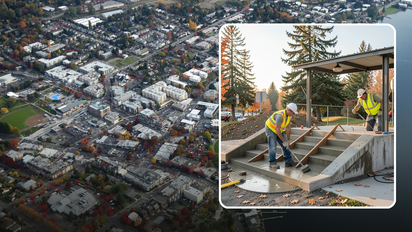 Concrete Stairs Construction in Kirkland, King County, WA - Cast-in-place concrete stairs and landings built to code for parks, transit stops, and civic buildings.