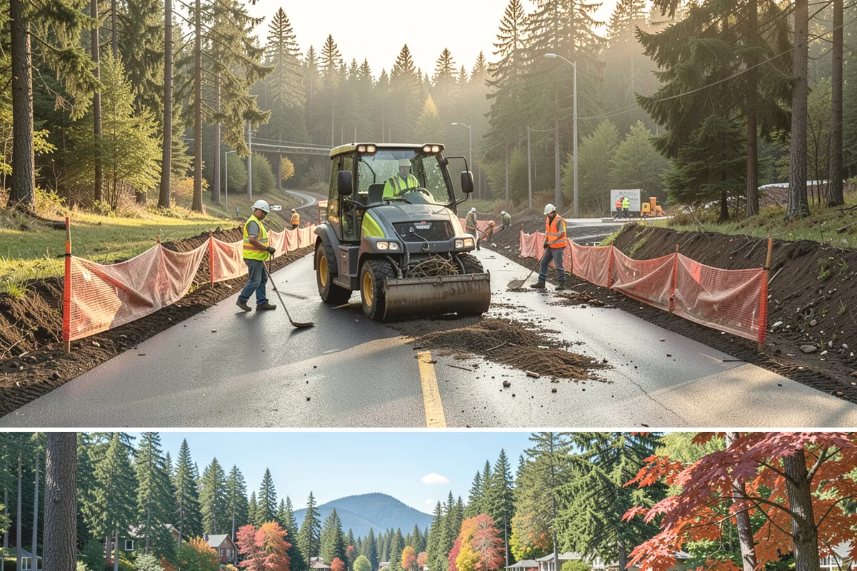 Construction Sweeping in Covington, King County, WA - Track-out is heaviest during the wet months when soil clings to tires and tracks onto pavement.