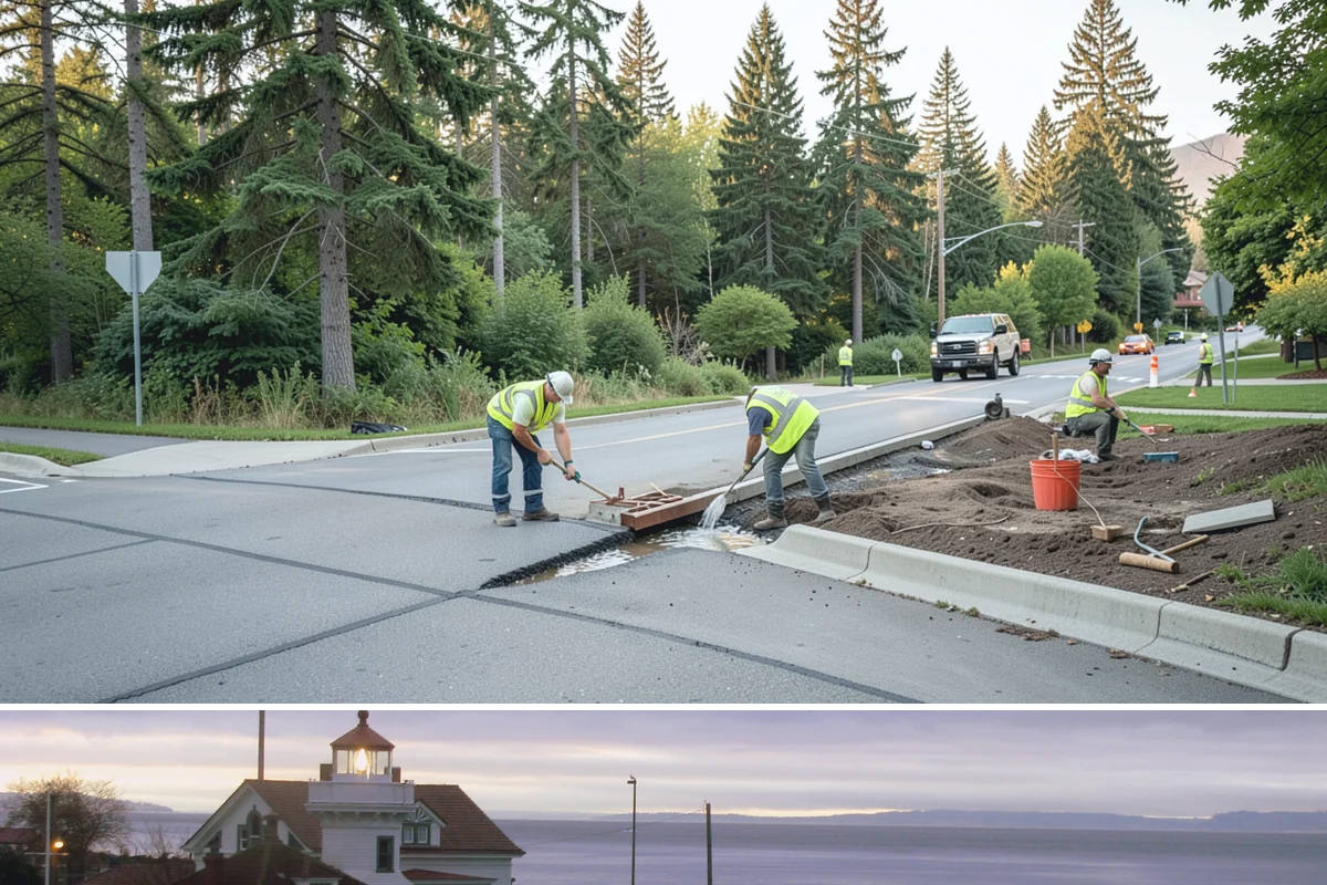 Construction Sweeping in Mukilteo, Snohomish County, WA - Track-out is heaviest during the wet months when soil clings to tires and tracks onto pavement.