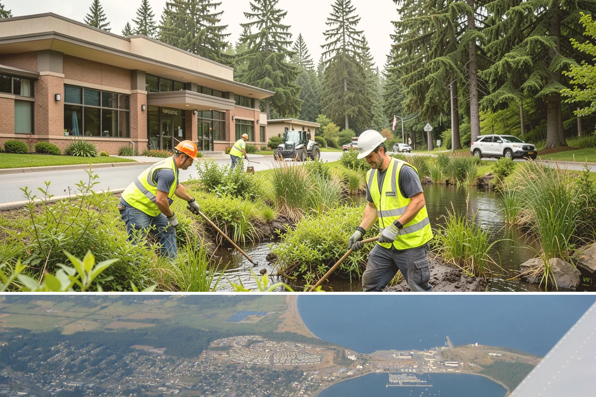 Construction Sweeping in Oak Harbor, Island County, WA - Track-out is heaviest during the wet months when soil clings to tires and tracks onto pavement.