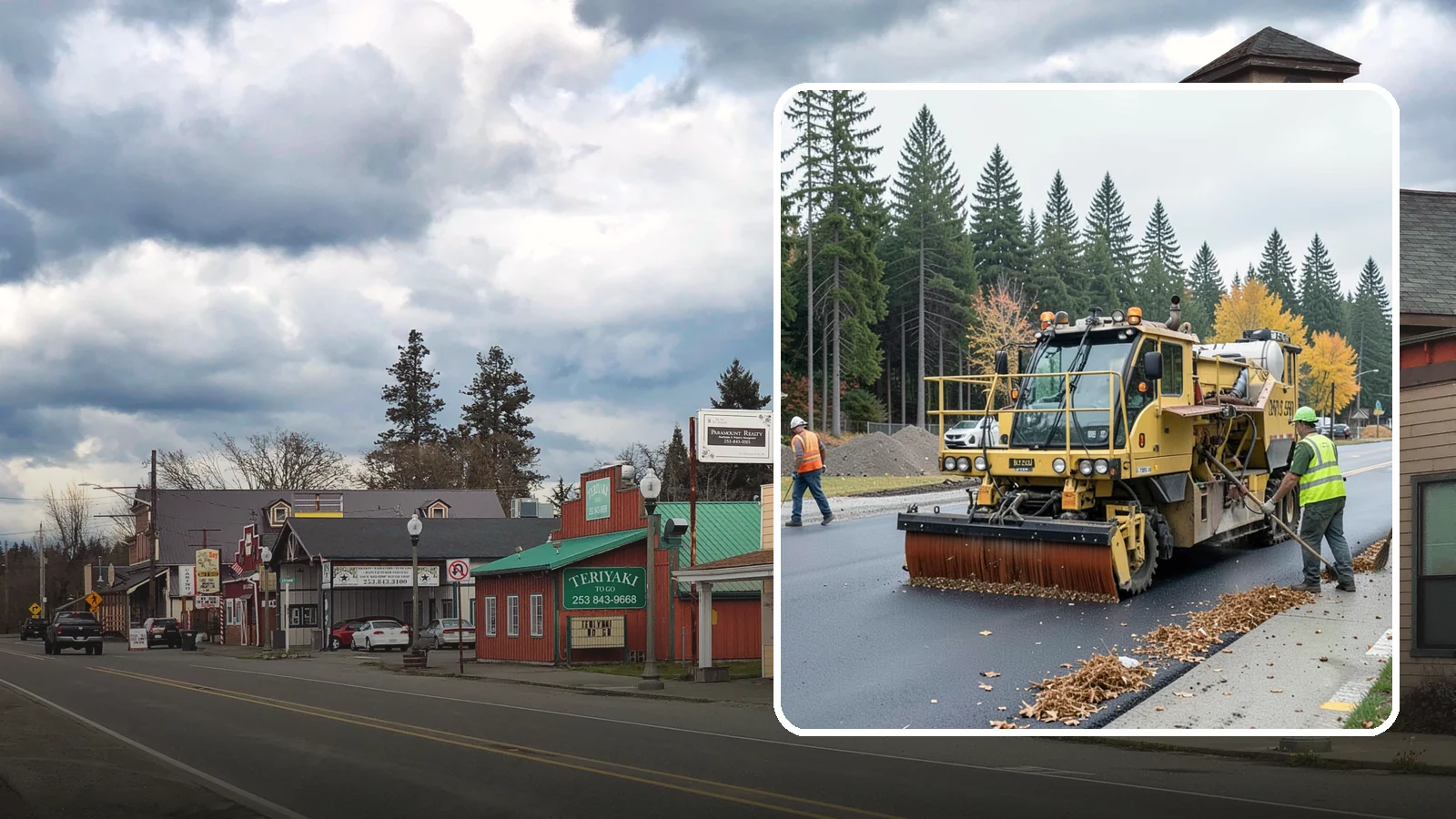 Construction Sweeping in Roy, Pierce County, WA - Track-out and debris sweeping at and around active public construction sites.