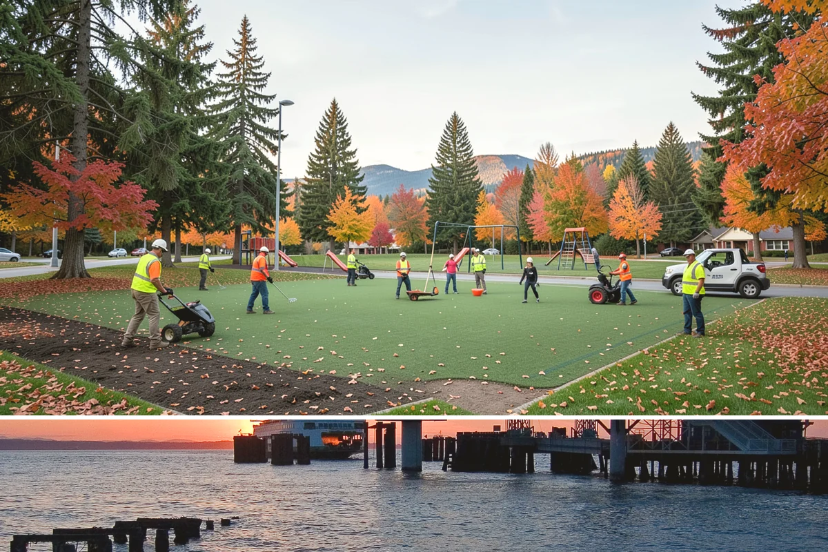 Contract Grounds Maintenance in Edmonds, Snohomish County, WA - Crews shift from mowing-heavy summer routines to leaf and storm cleanup as the seasons change.