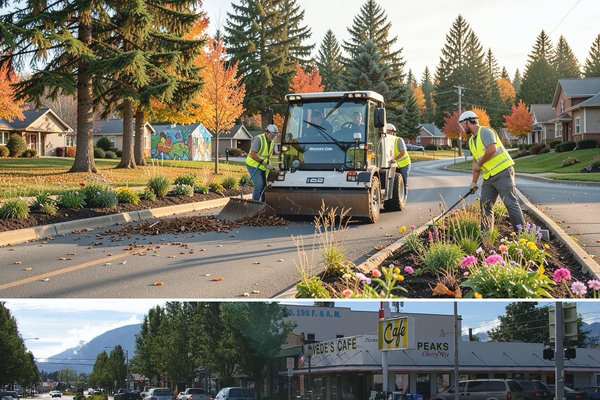 Contract Grounds Maintenance in North Bend, King County, WA - Crews shift from mowing-heavy summer routines to leaf and storm cleanup as the seasons change.